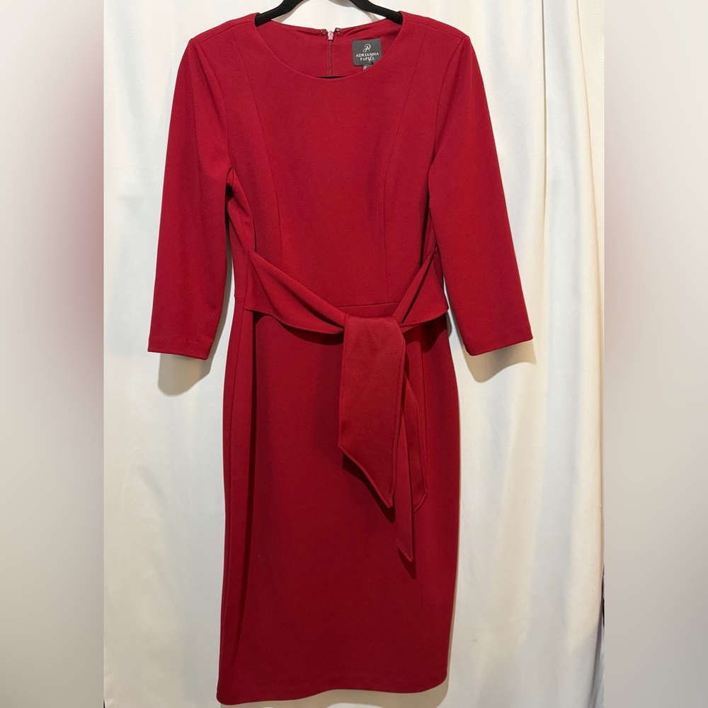 Adrianna Papell Tie Waist Crepe Sheath Dress Size 8 NWOT Red Samba
